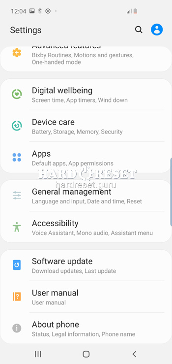 General settings on Samsung Galaxy S10 and similar series