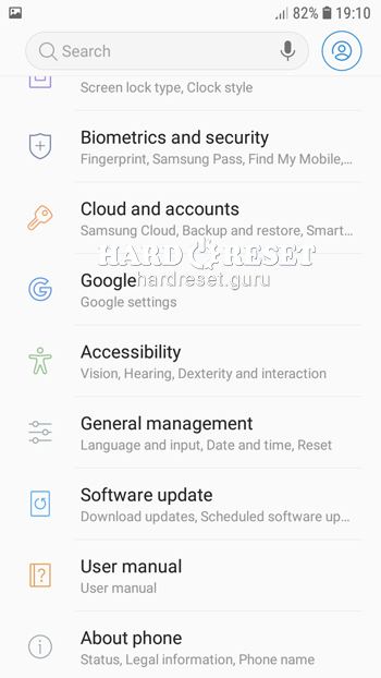 General settings on Samsung Galaxy J5
