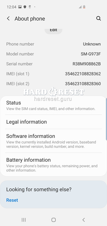 Software info Samsung Galaxy S10