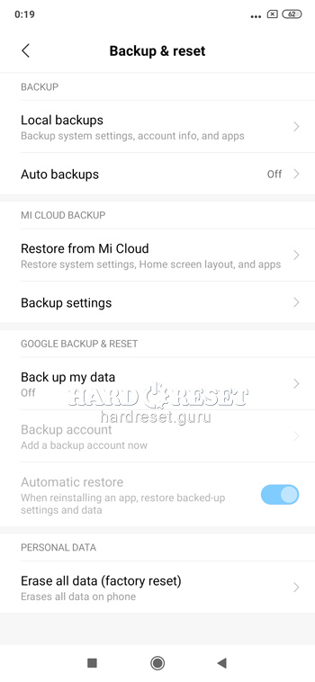 Restablecimiento de datos de fábrica Xiaomi Mi 9