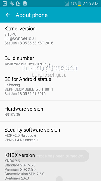Software info Samsung Galaxy Note 4