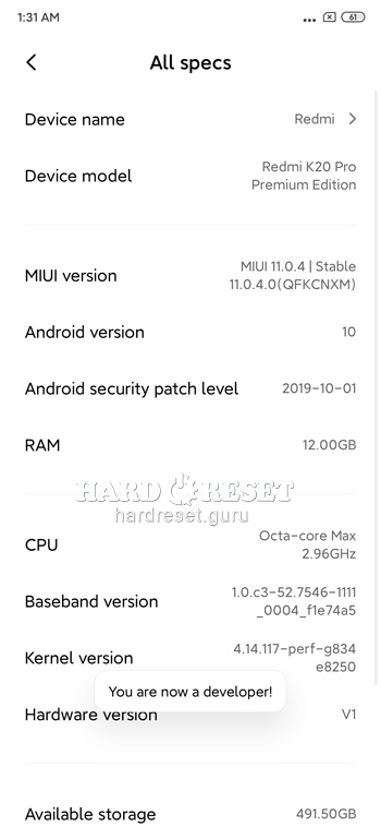 MIUI version Xiaomi Redmi K20 Pro