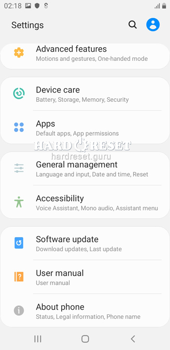 General settings on Samsung Galaxy A6